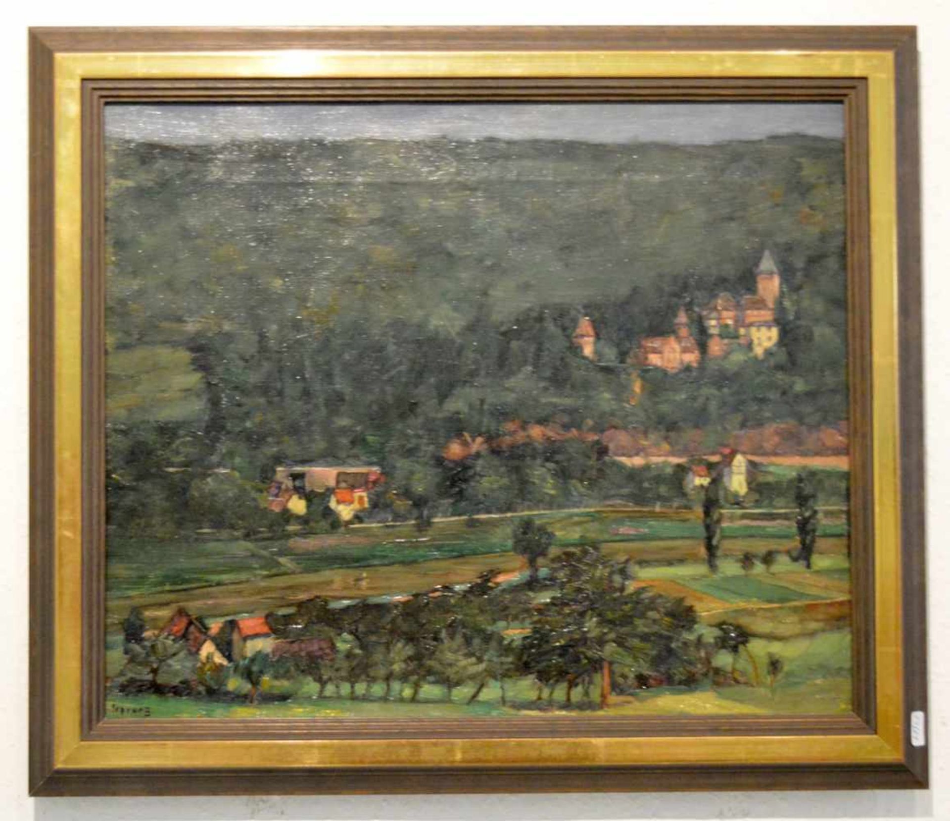 Hanns Sprung 1884-1948 Koblenz, Teilansicht eines Dorfes am Fluss in sommerlicher Landschaft, Öl/