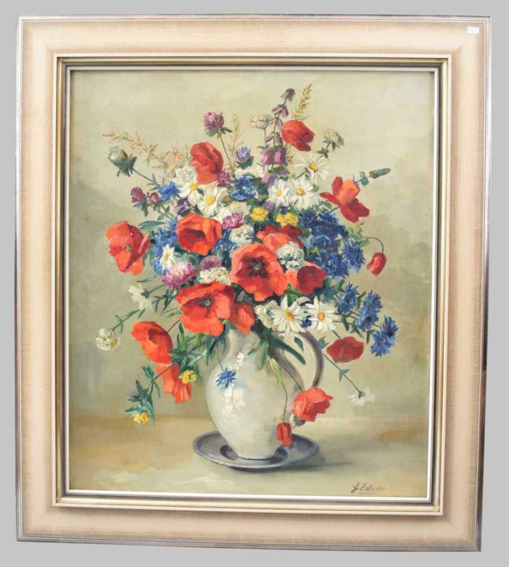 G. Zahner um 1920/1930, Blumenstilleben, bunter Feldblumenstrauß mit Mohnblüten in Keramikvase auf