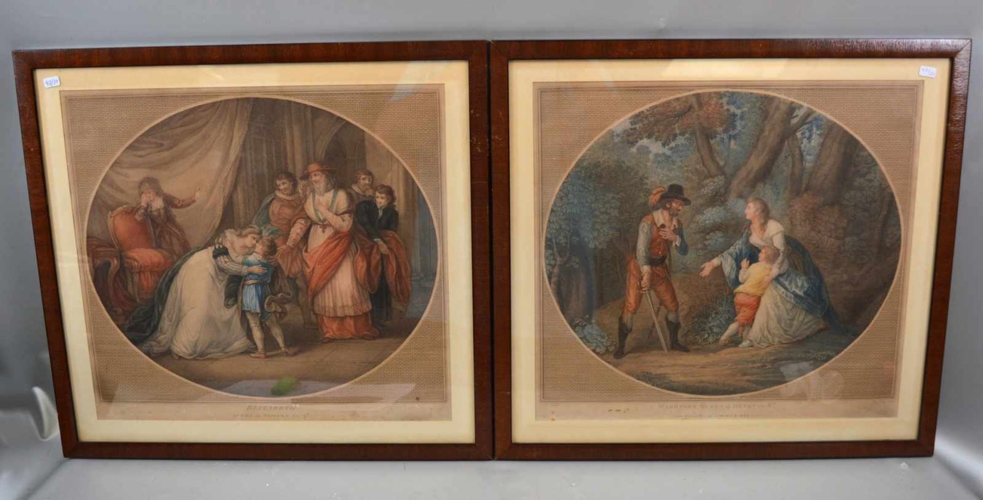 Zwei Kupferstiche Der Abschied von der Königin Elisabeth bzw. von Königin Margaret, coloriert,