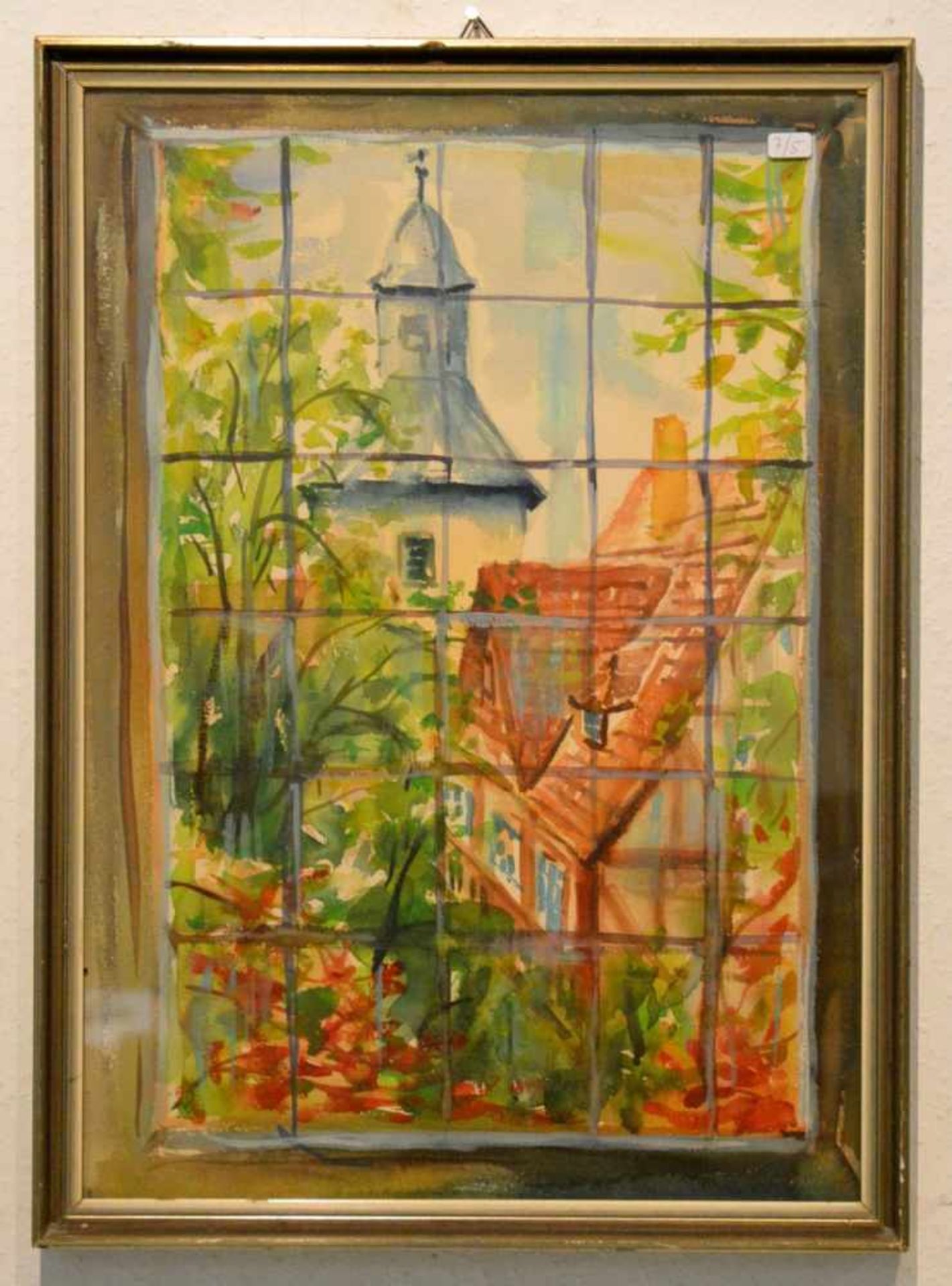 Aquarell Blick durch ein Fenster auf ein Bauernhaus und einen Kirchturm, 31 X 46 cm Rahmen (Besitz