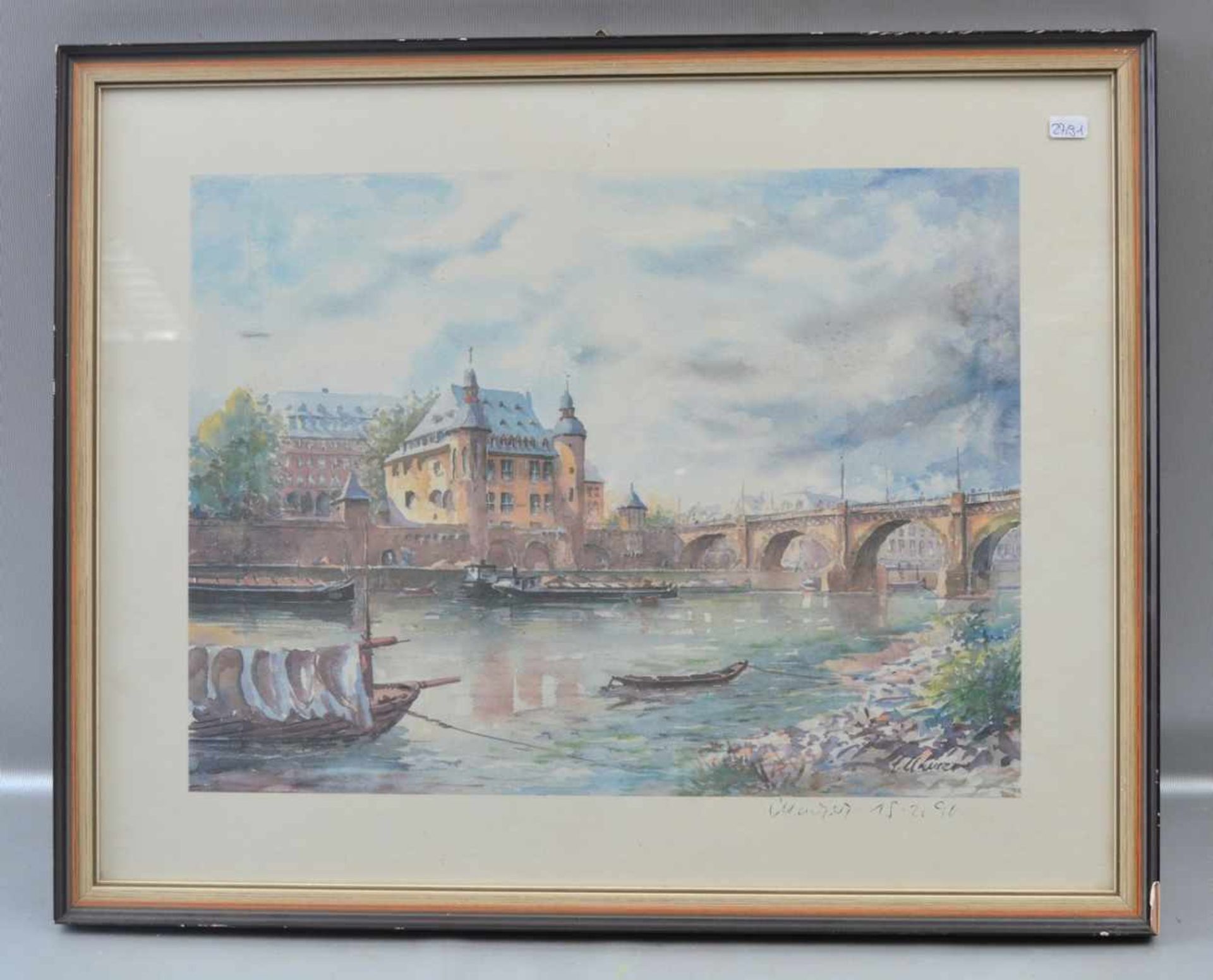 Aquarell Ansicht der Balduinbrücke mit Teilansicht der Koblenzer Altstadt und Mosellauf, u.r.sign.