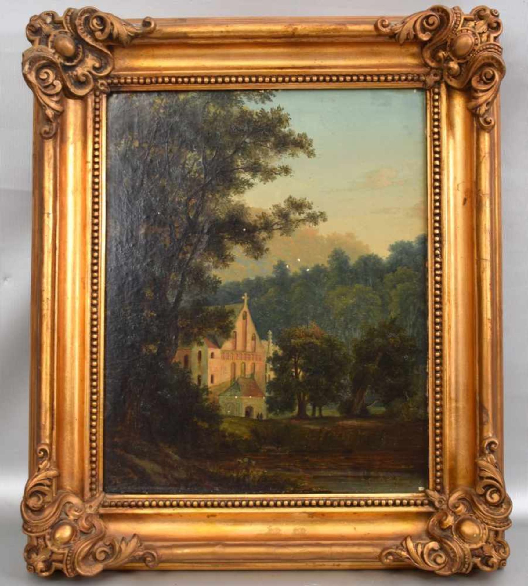 Unbekannter Maler um 1800, alte Kirche am Waldseeufer, Öl/Malpappe, u.r.sign., 28 X 35 cm,