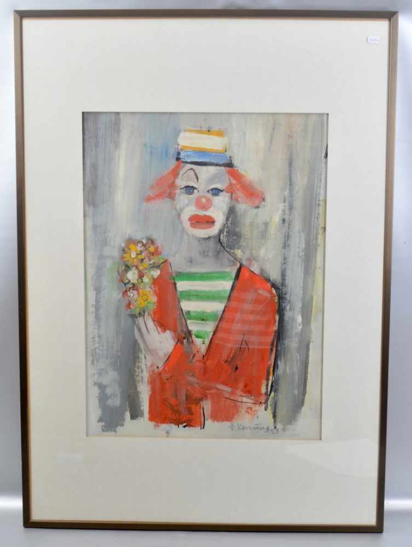 Mischtechnik Clown mit Blumenstrauß, u.r.sign. Heinz Kassung (1935-2013 Koblenz), 40 X 50 cm,