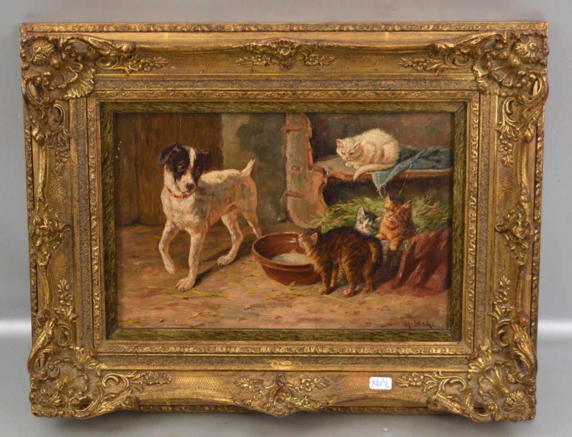 Minna Stocks 1846 Schwerin-1926 Hinzenhagen, Hund mit vier Katzen im Stall, Öl/Holz, u.r.sign., 19 X