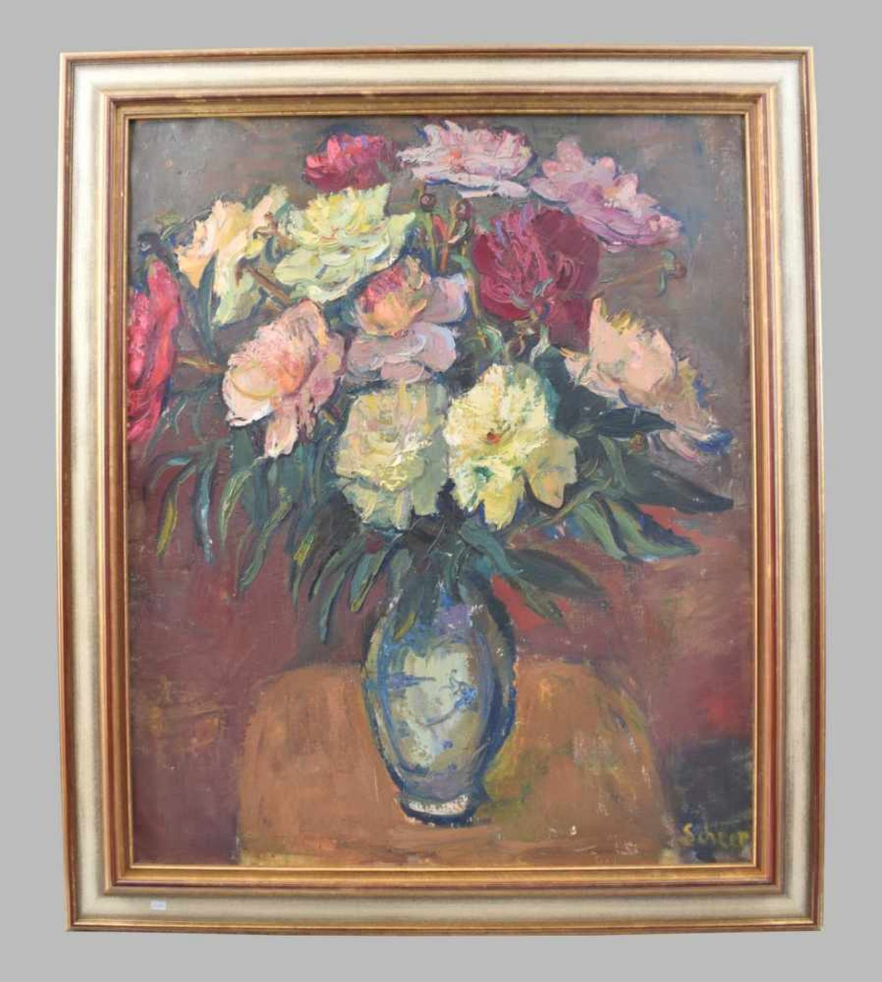 Schur Anfang 20. Jh., bunter Feldblumenstrauß in blauer Vase, Öl/Lwd., u.r.sign., 74 X 90 cm,