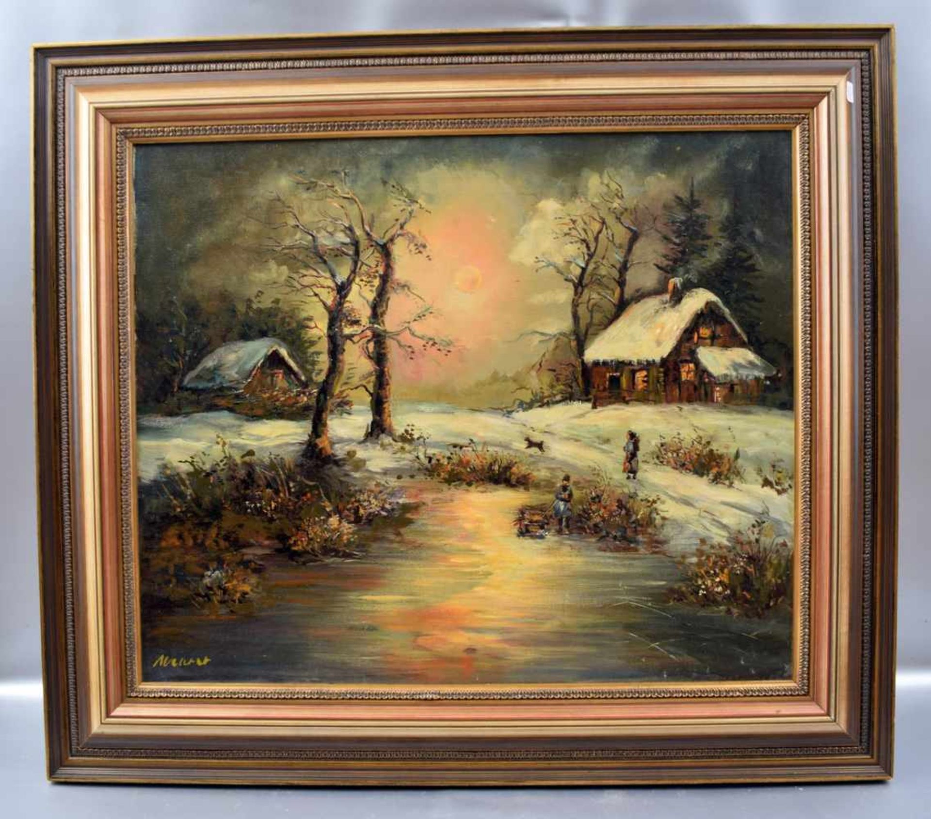 Lotte Meurer 1938-2004 Koblenz, abendliche Winterlandschaft mit Häusern und zugefrorenem Gewässer,