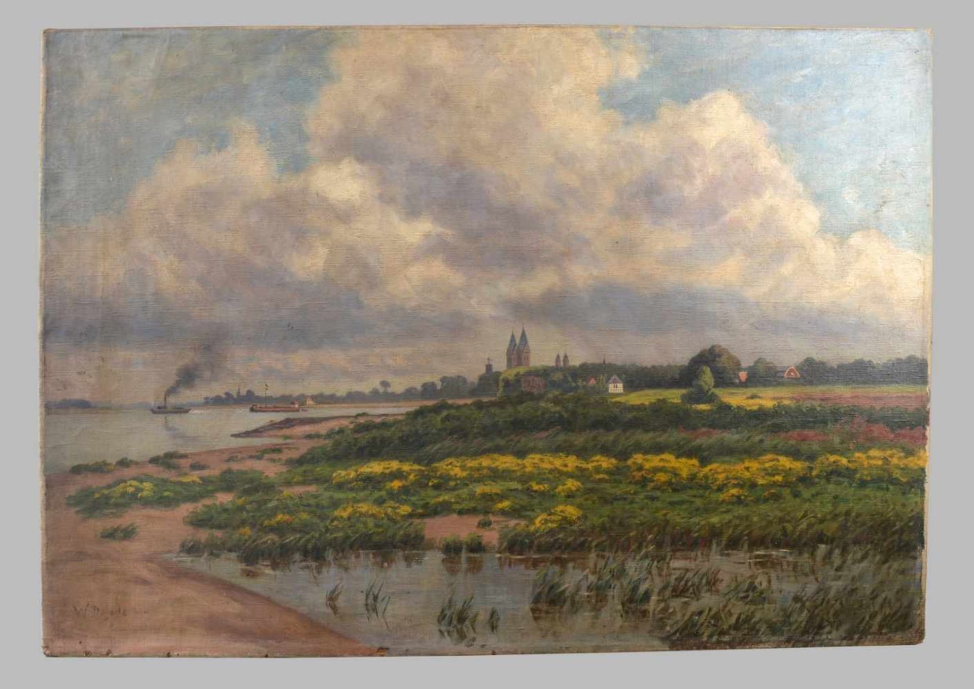 Wilhelm Degode 1862 Oldenburg-1931 Düsseldorf, Ansicht vom Niederrhein, im Vordergrund Rheinlauf mit