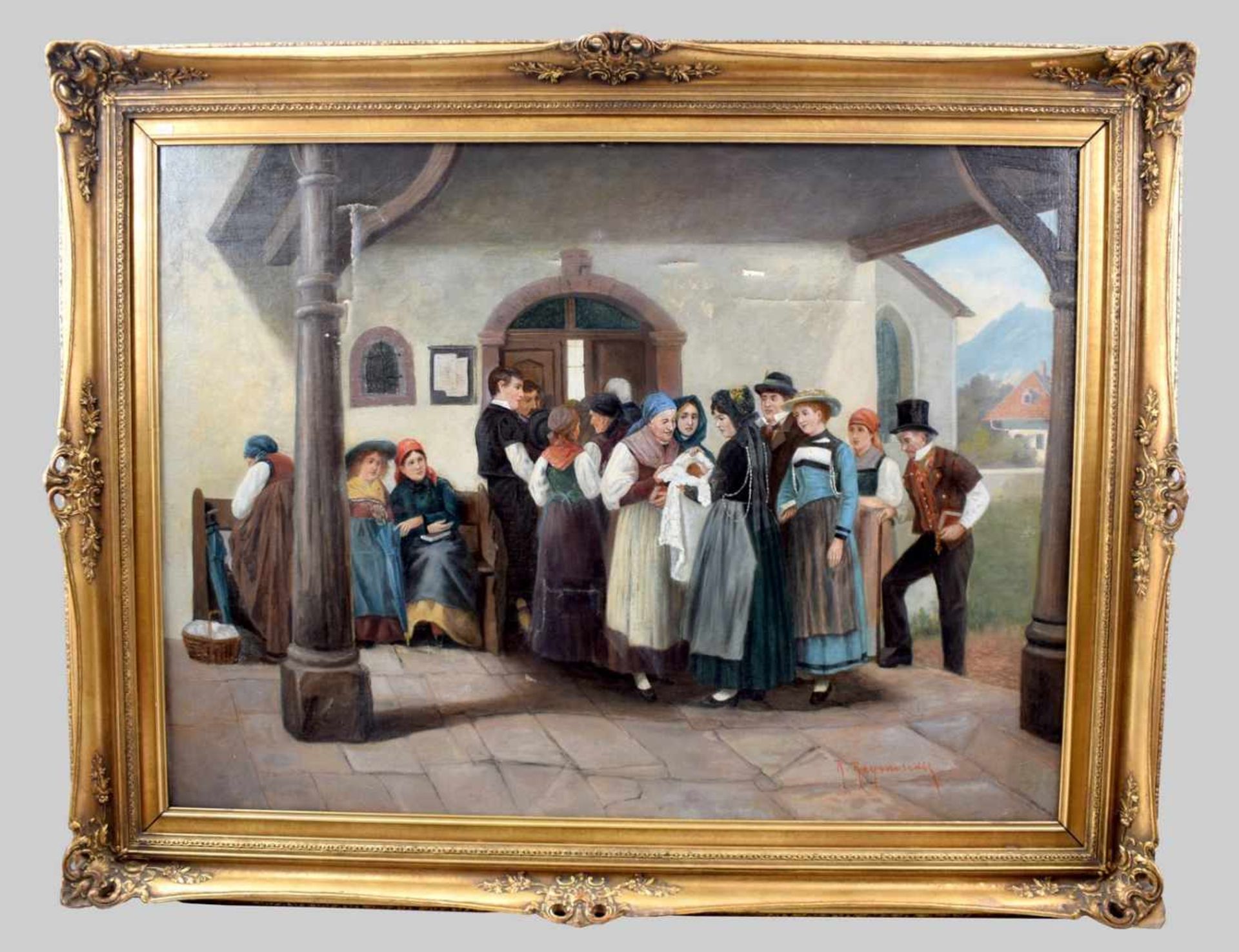 R. Raymondis um 1900, Kindtaufe in Süddeutschland, festliche Taufgesellschaft vor der Kirche, Öl/