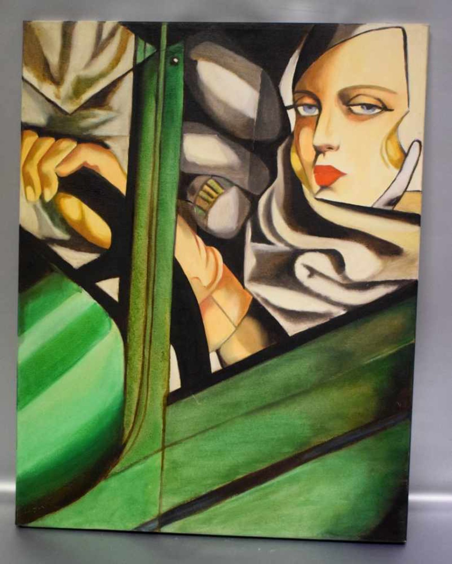 Unbekannter Maler 20. Jh., Frau am Steuer eines grünen Autos, Öl/Lwd., 71 X 55 cm, ohne Rahmen