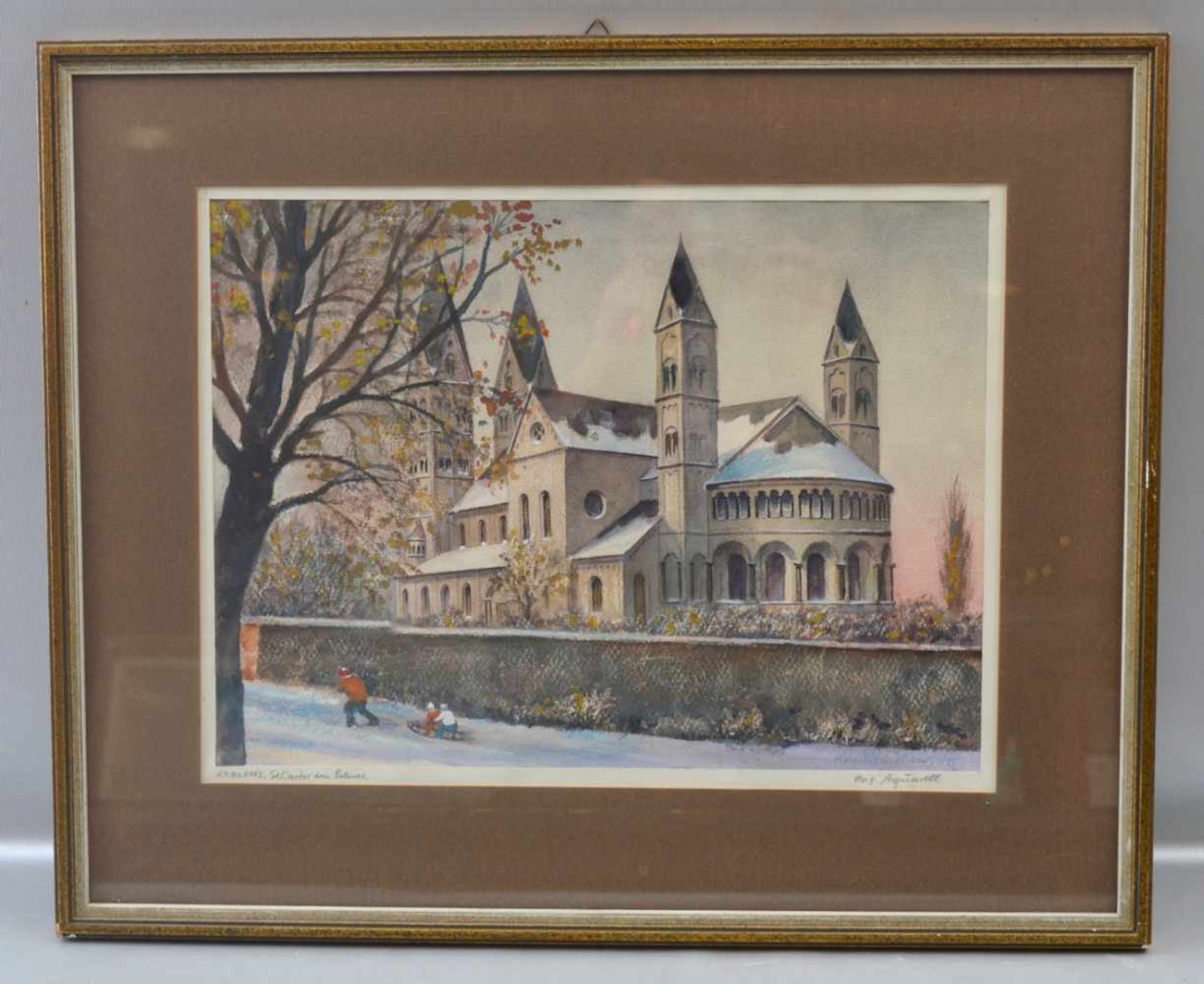 Aquarell Ansicht der verschneiten Basilika St. Castor in Koblenz, u.r.sign. Karl Balthes und dat.