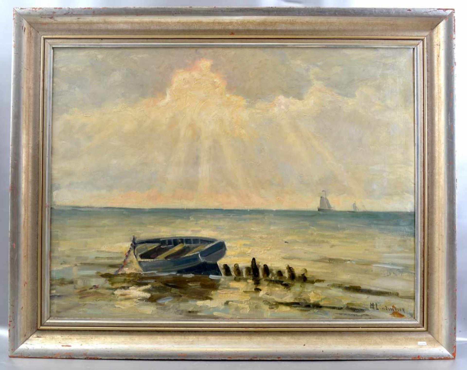 Unbekannter Maler Anfang 20. Jh., Boot am Strand, Öl/Lwd., u.r.sign., 60 X 80 cm, Rahmen