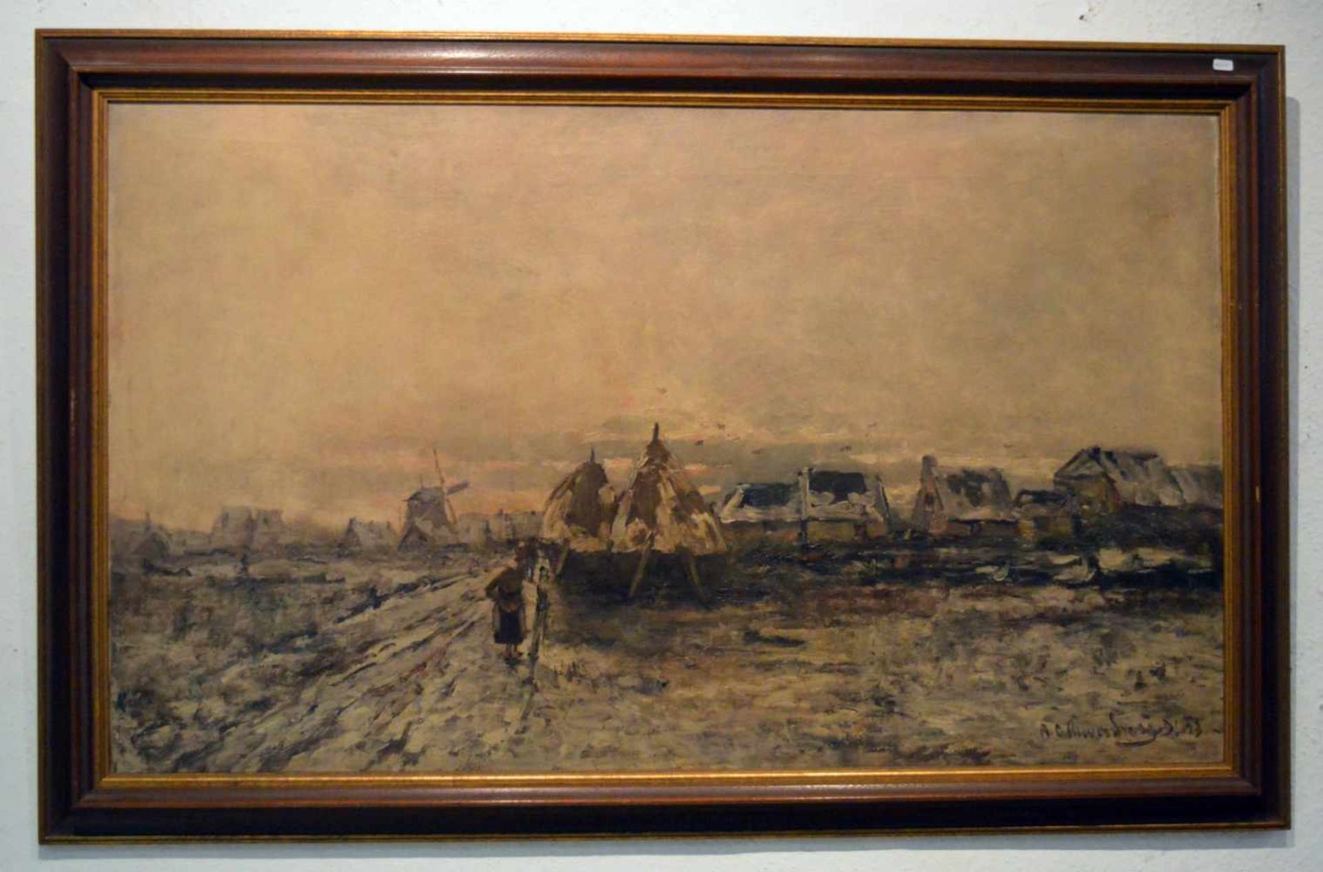 Raphael Oskar Unverdross Düsseldorf 1873 - 1952, holländisches Dorf mit Windmühle, im Winter, im