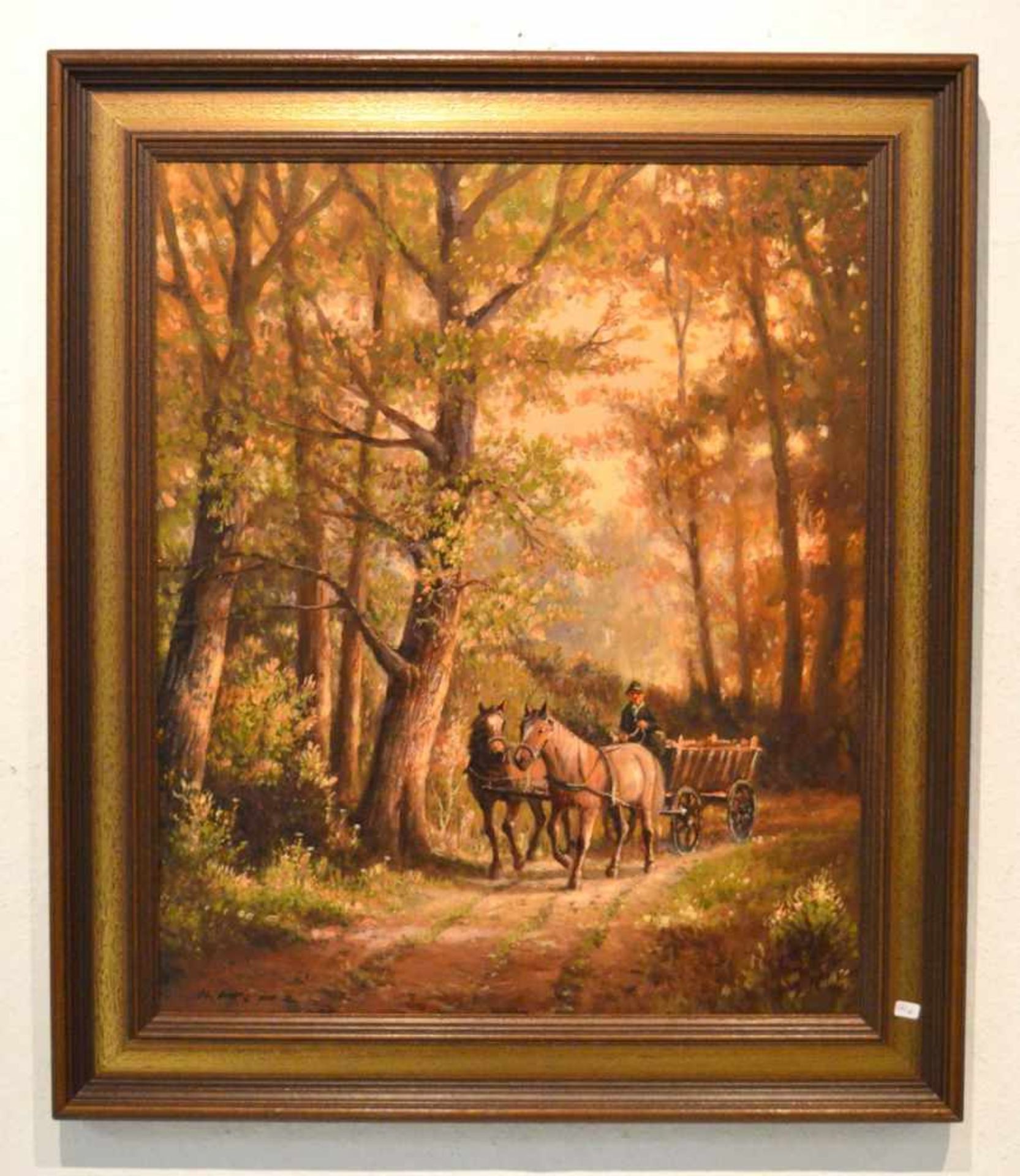Helmut Kips 1937 Krefeld, Zweispänner im Wald, Pferde mit Holzwagen, Öl/Lwd., u.l.sign., 60 X 50 cm,