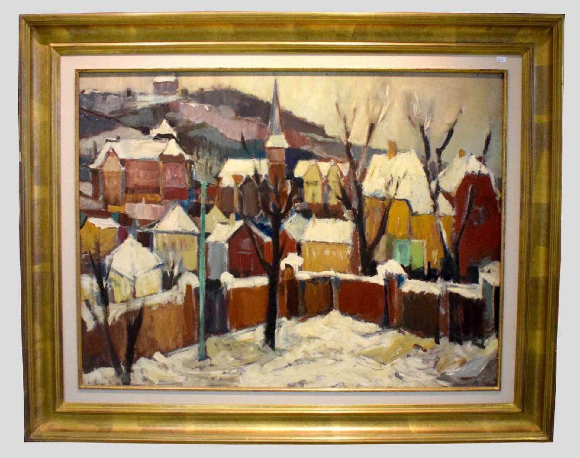 Unbekannter Maler 40er/50er Jahre, Teilansicht eines Dorfes im Winter, Öl/Hartfaserplatte, 60 X 80