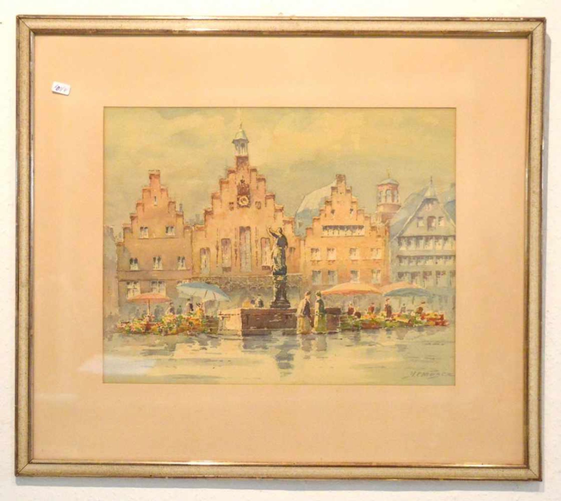 Aquarell Marktplatz mit Brunnen, coloriert, u.r.sign., 28 X 36 cm, Rahmen, um 1920