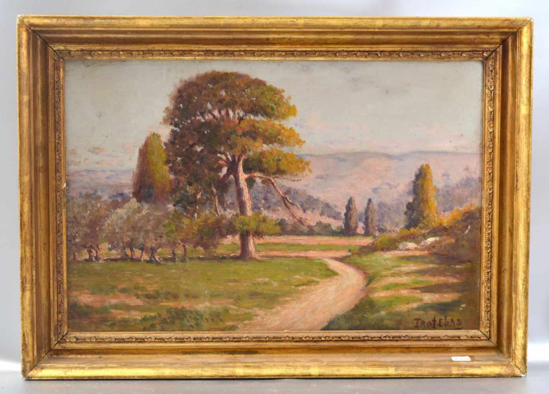 Unbekannter Maler um 1900, Feldweg mit Bäumen in sommerlicher Landschaft, Öl/Malpappe, u.r.sign., 26