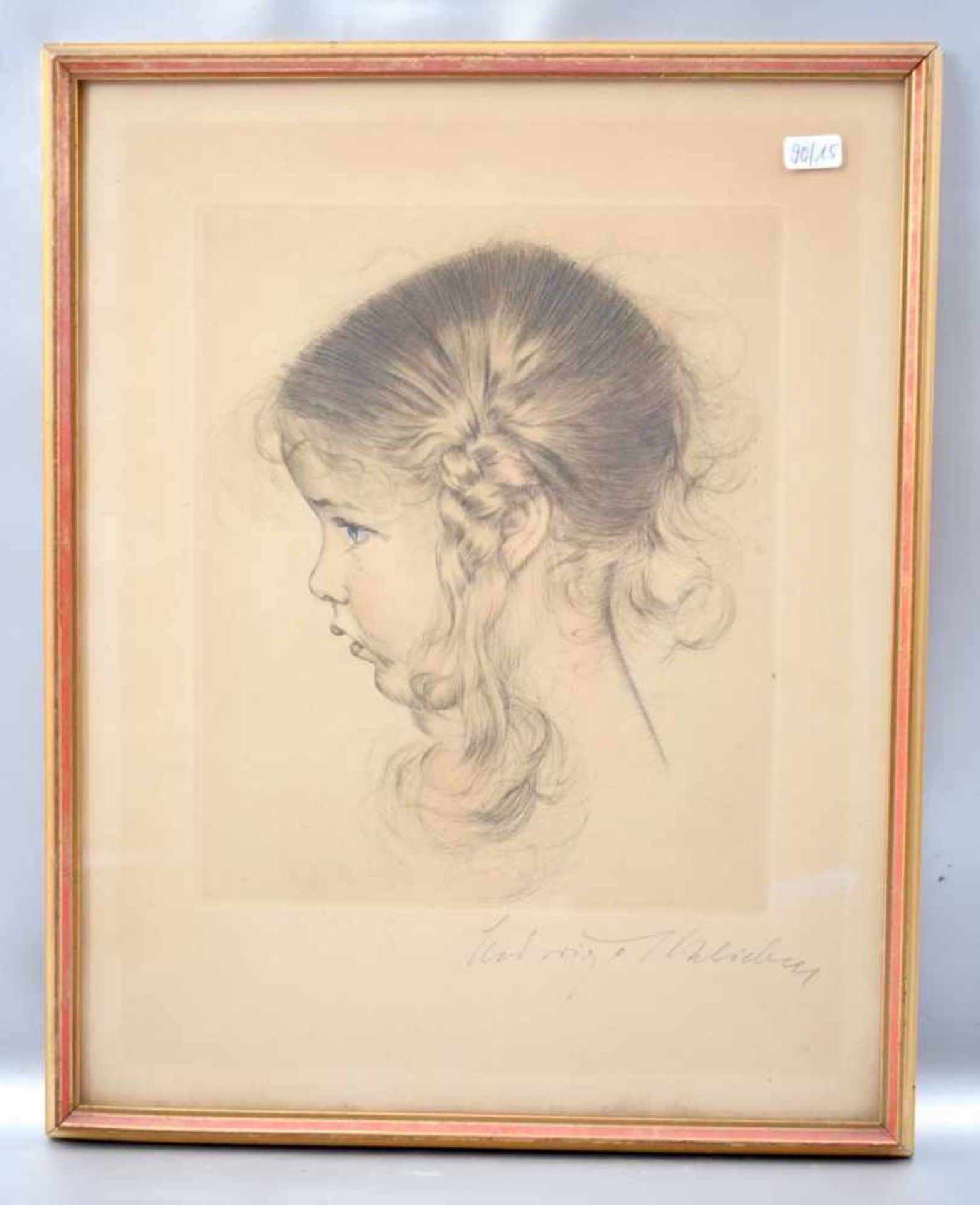 Lithografie Portrait eine Mädchens mit Zöpfen, u.r.sign., 26 X 33 cm, Rahmen