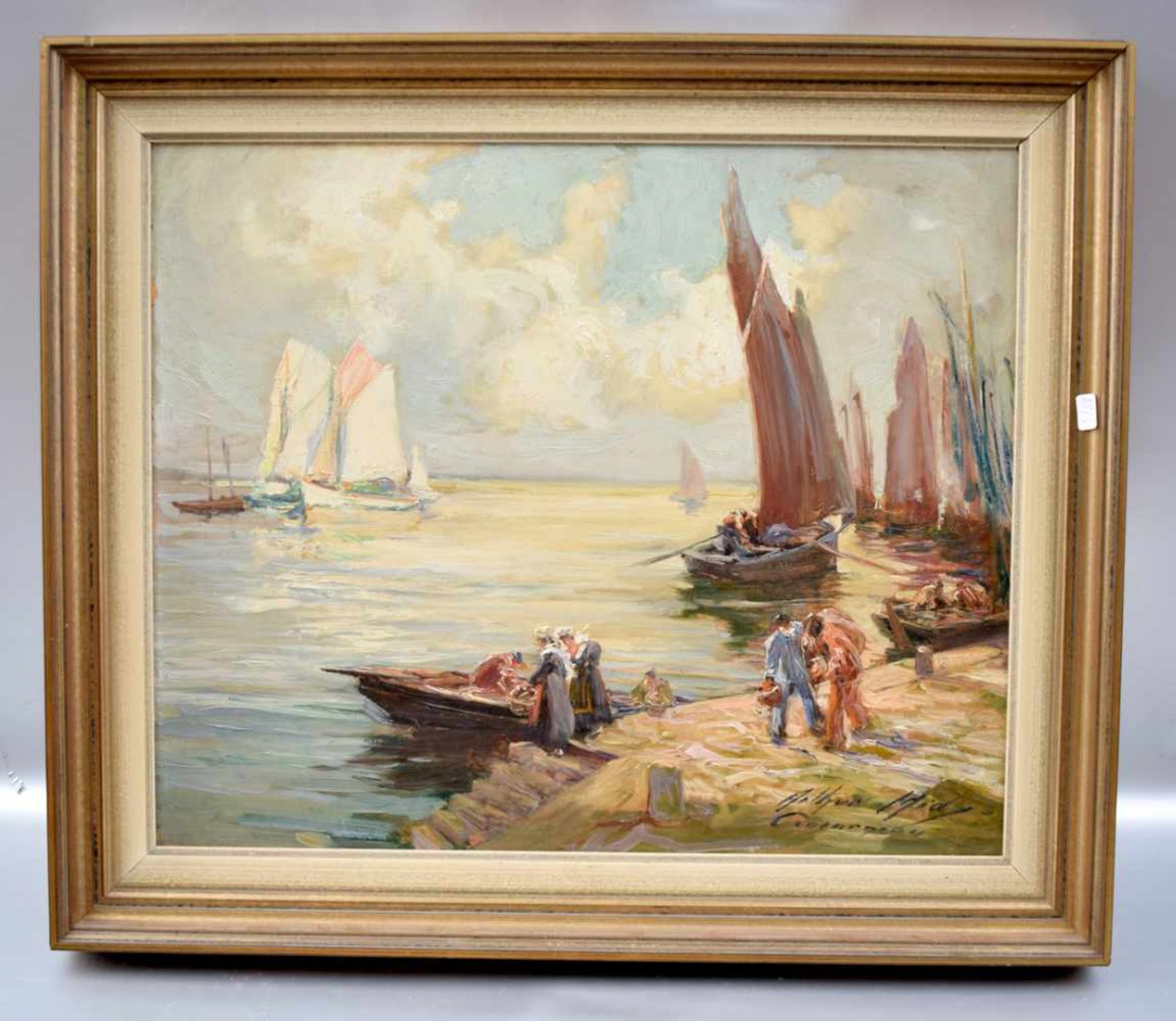 Unbekannter Maler 1950/1960, holländische Fischer am Strand, Öl/Hartfaserplatte, u.r.sign., 38 X