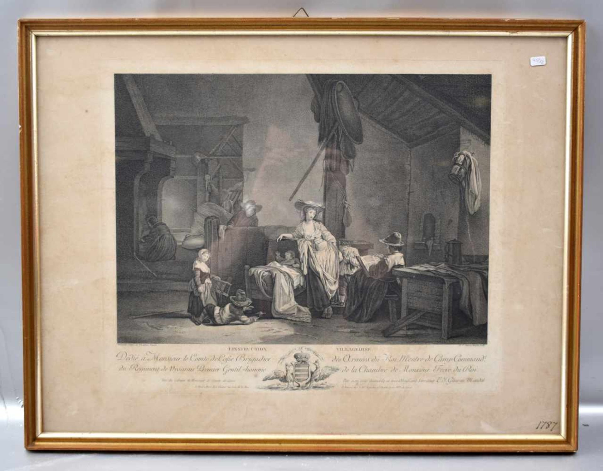 Stahlstich Frauen und Kinder in der Stube, dat. 1787, 38 X 45 cm, Rahmen