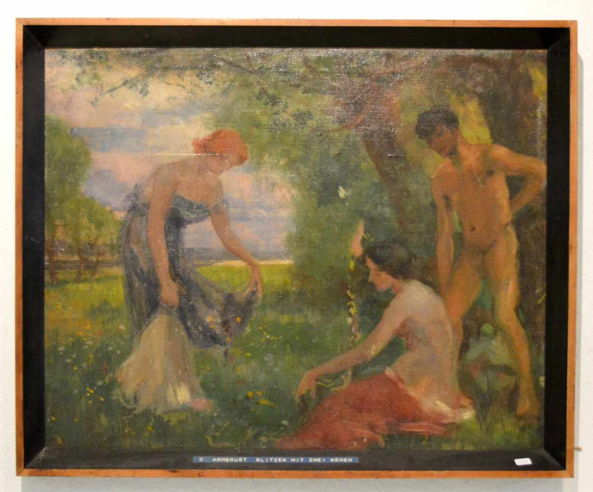 C. Armbrust 1867 Itzehoe-1928 Kassel, nackter Jüngling und zwei Mädchen auf einer Waldwiese, Öl/