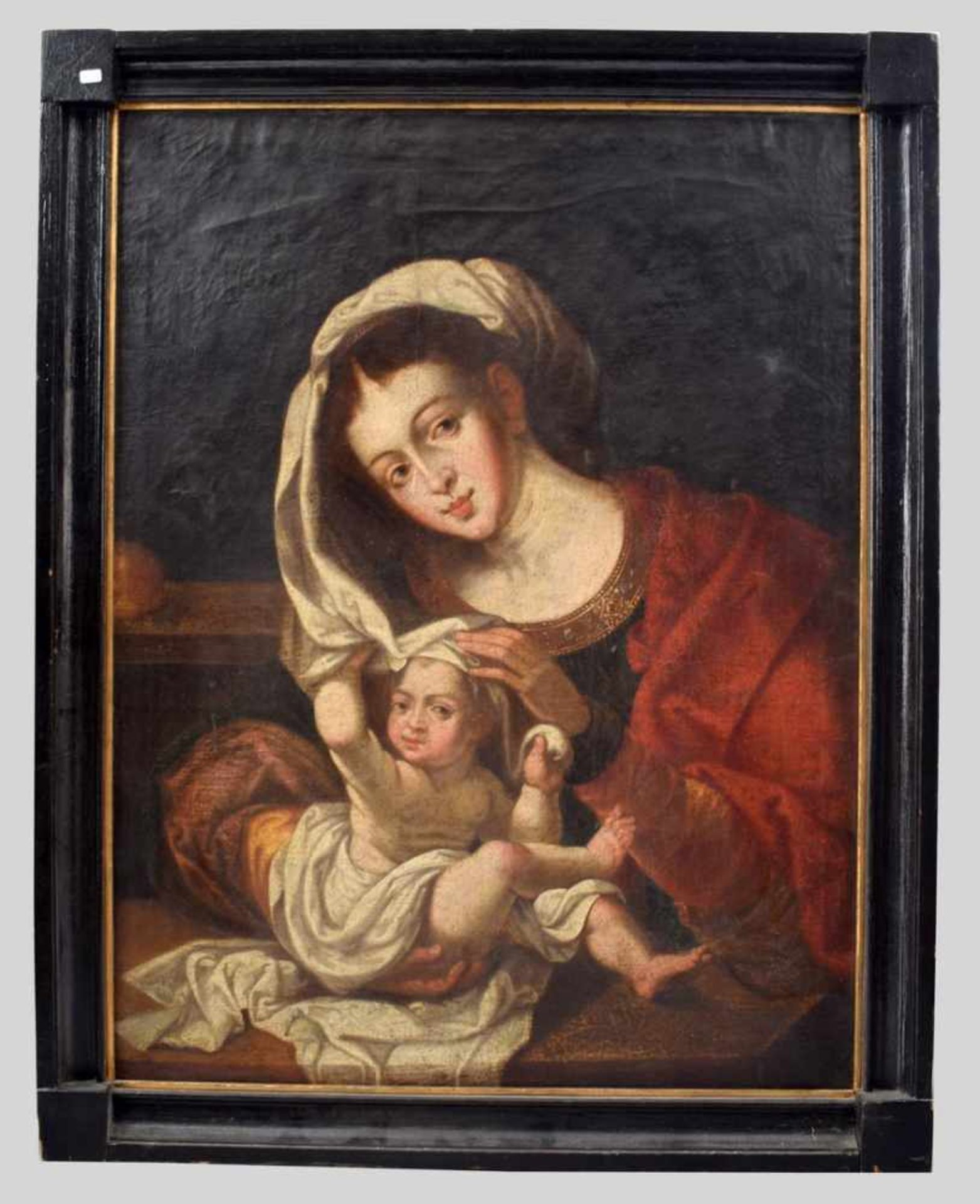 Unbekannter Maler 17./18. Jh., Mutter Gottes mit Kind, Öl/Lwd., 64 X 84 cm, schwarzer Rahmen