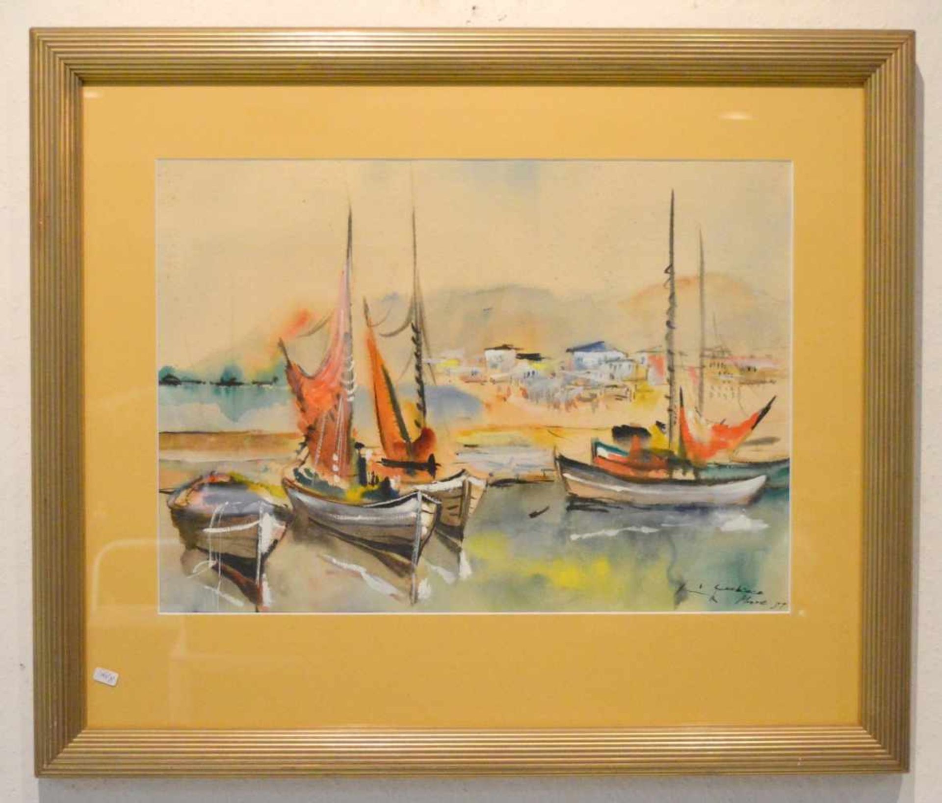 Gouache Ansicht von Gabicce Mare, an der italienischen Adriaküste bei Rimini, mit Segelbooten am