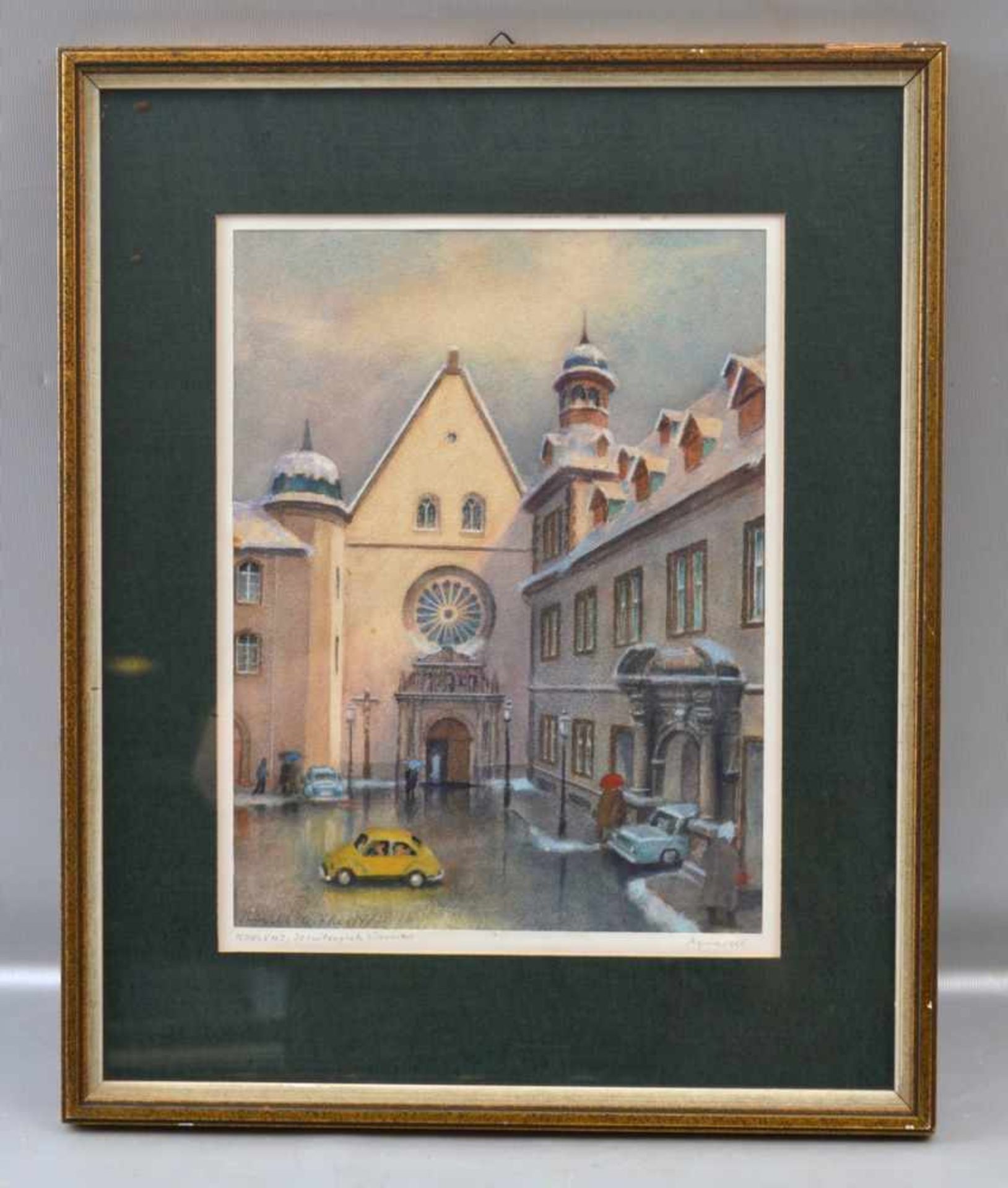 Aquarell Ansicht vom Jesuitenplatz in Koblenz im Regen, u.l.sign. Karl Balthes und dat. 1977, 21 X