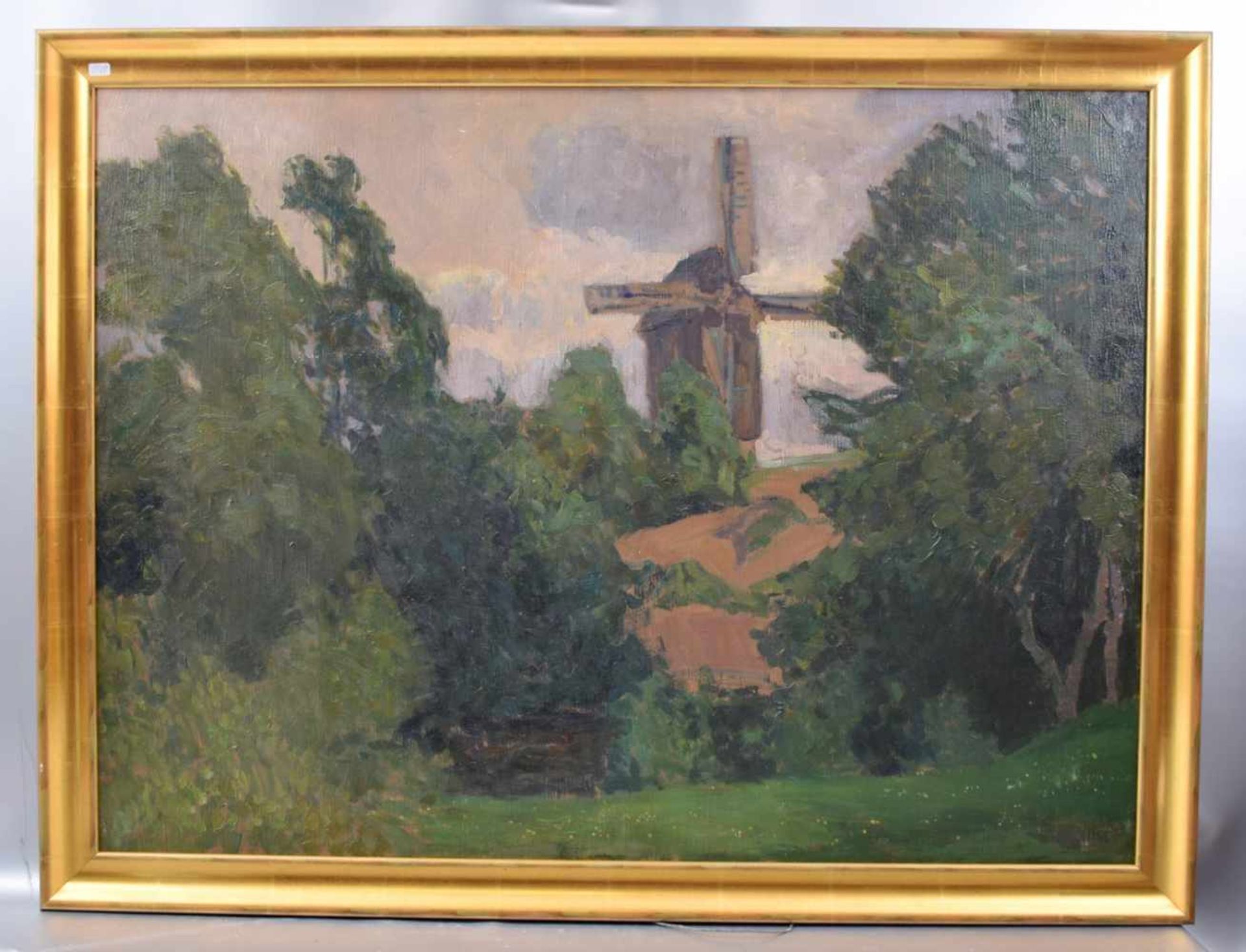 Otto Kaule 1870 Thiendorf/Bardowiek, Landschaft mit Windmühle, Öl/Lwd., u.r.sign., rückseitig