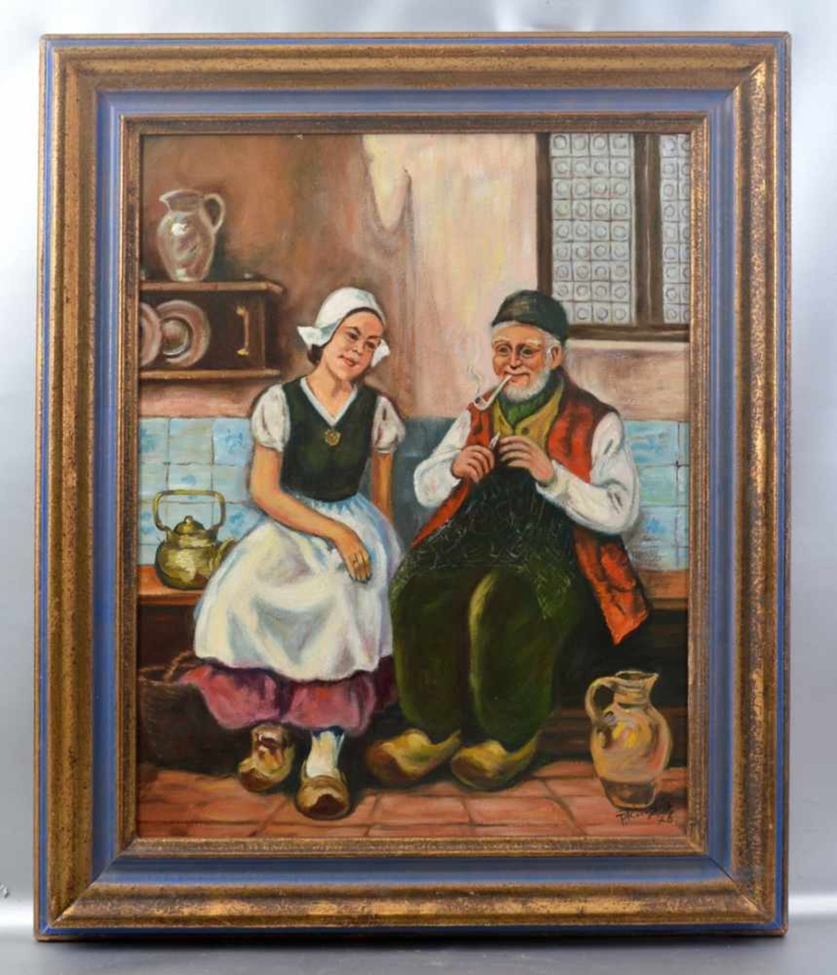Unbekannter Maler 20. Jh., holländische Familie, am Ofen sitzend, Öl/Hartfaserplatte, u.r.sign.