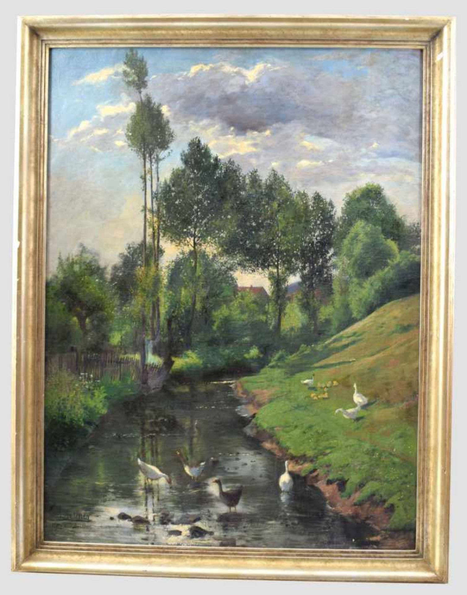 Hellner dat. 1901, Enten am Bachlauf in sommerlicher Landschaft, Öl/Lwd., besch., u.l.sign. und