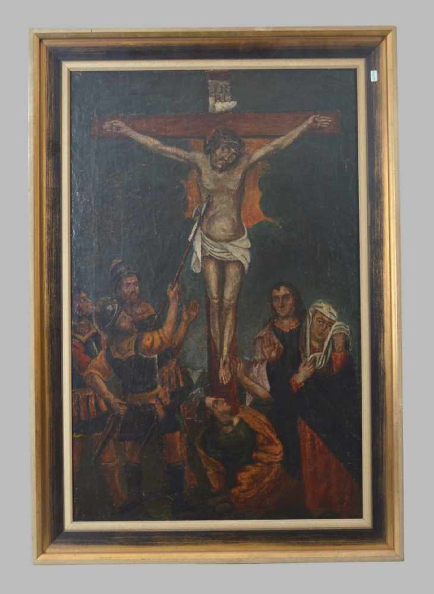 Unbekannter Maler 17./18. Jh., Christus am Kreuz, umrankt von Soldaten, Öl/Lwd., auf Holz