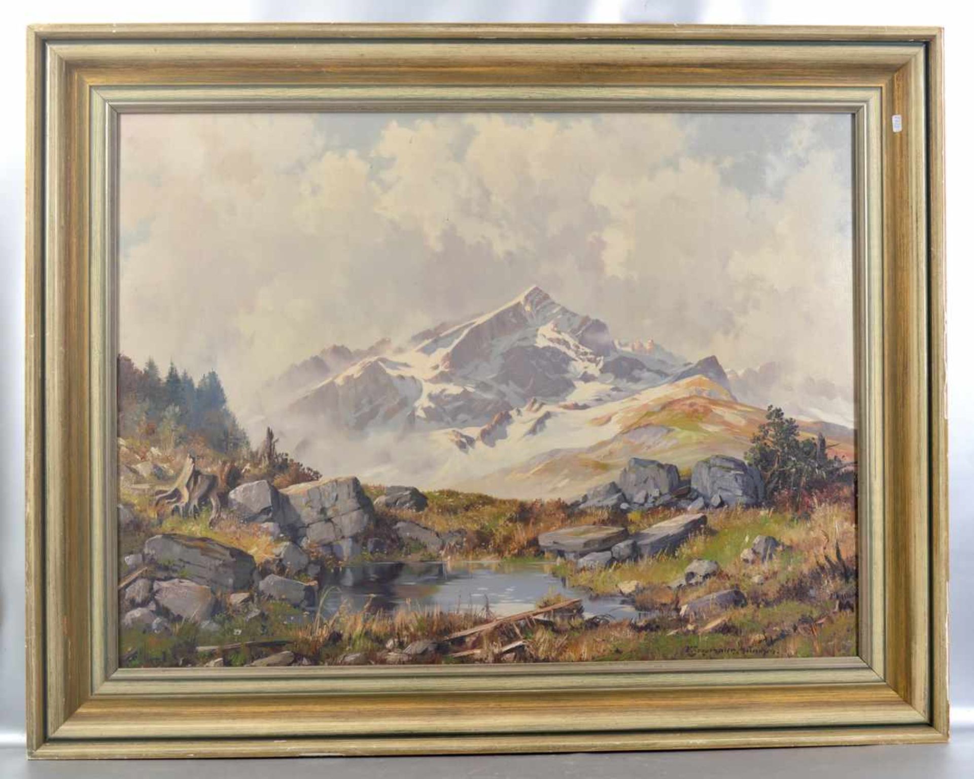 Hans Sengthaler 1892-1958, Gebirgslandschaft, Partie bei Garmisch, im Vordergrund Gewässer, im