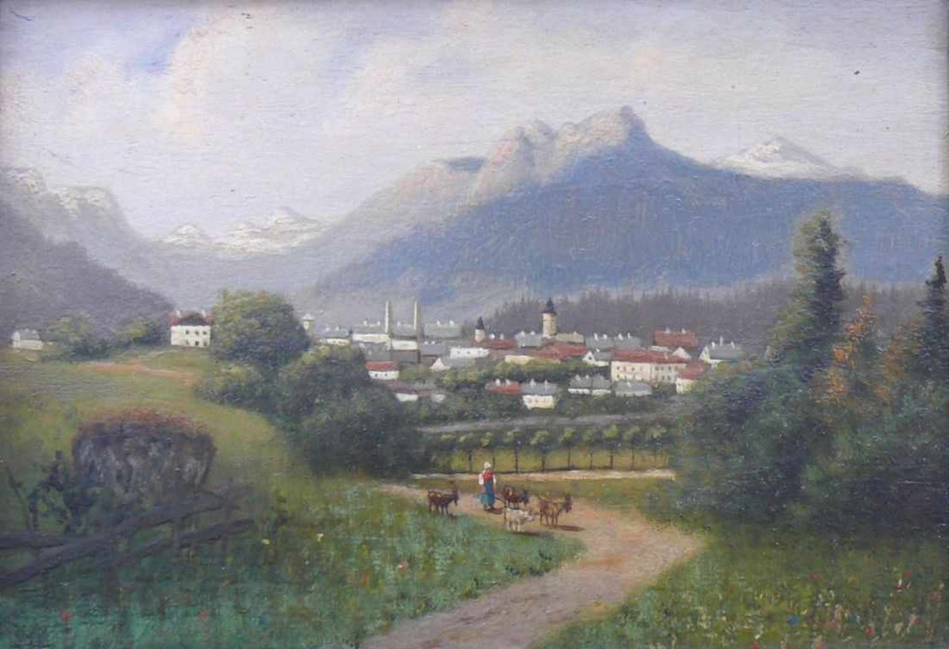 Anonym (um 1900) Blick auf Bad Reichenhall"; mit Bergmassiv im Hintergrund; im Vordergrund Frau - Bild 2 aus 3