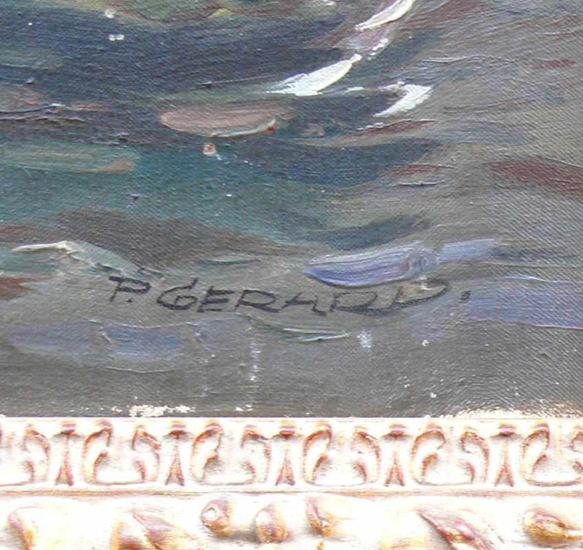 Gerard, P. (19./20.Jh.) "4 Enten in Teich"; ÖL/LW; sign.; ca. 41 x 60,5 cm; R; verso auf LW nochmals - Bild 3 aus 4