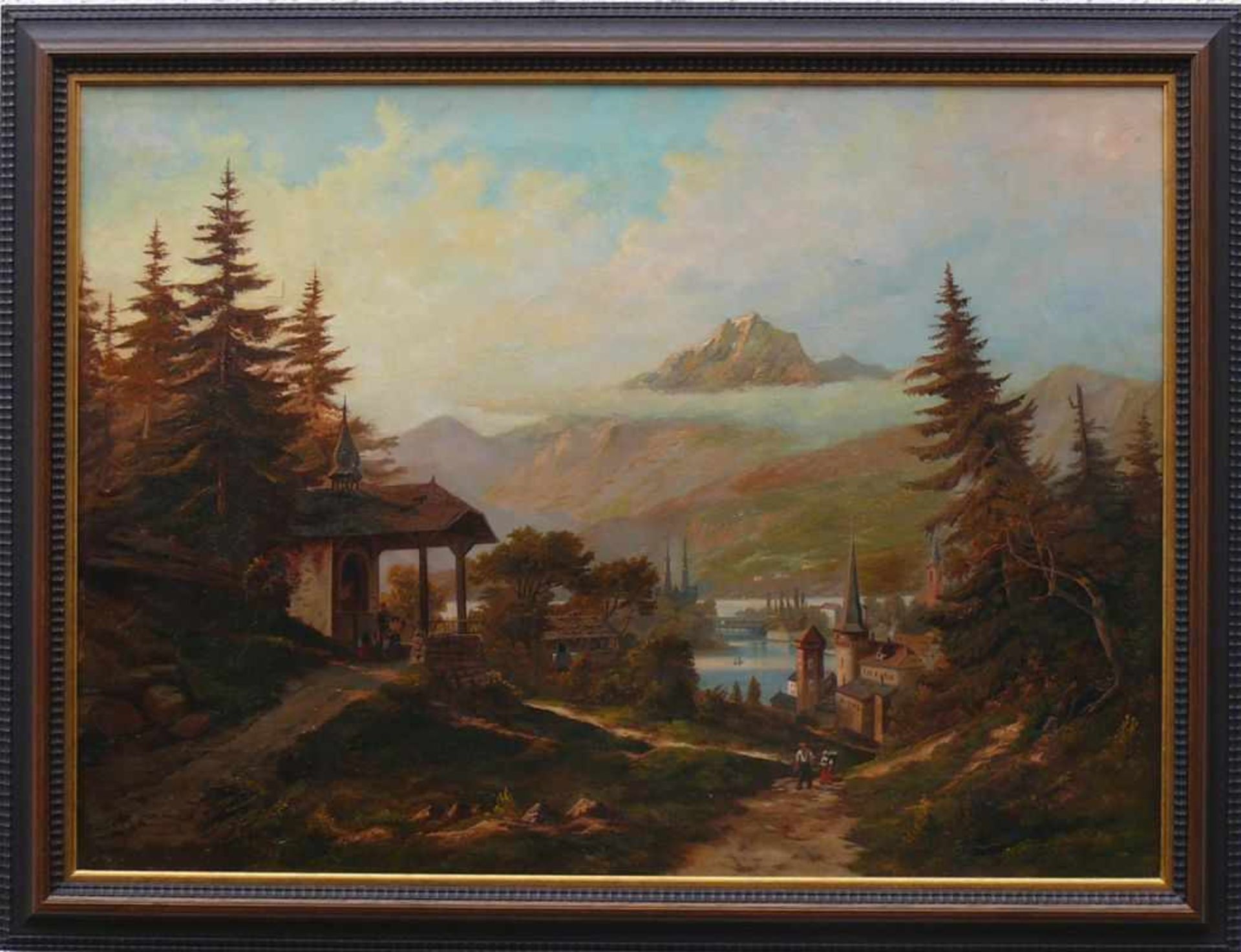 Heuer, Louis (tätig in CH, um 1850) "Blick auf Luzern am Vierwaldstättersee"; von einer Anhöhe aus