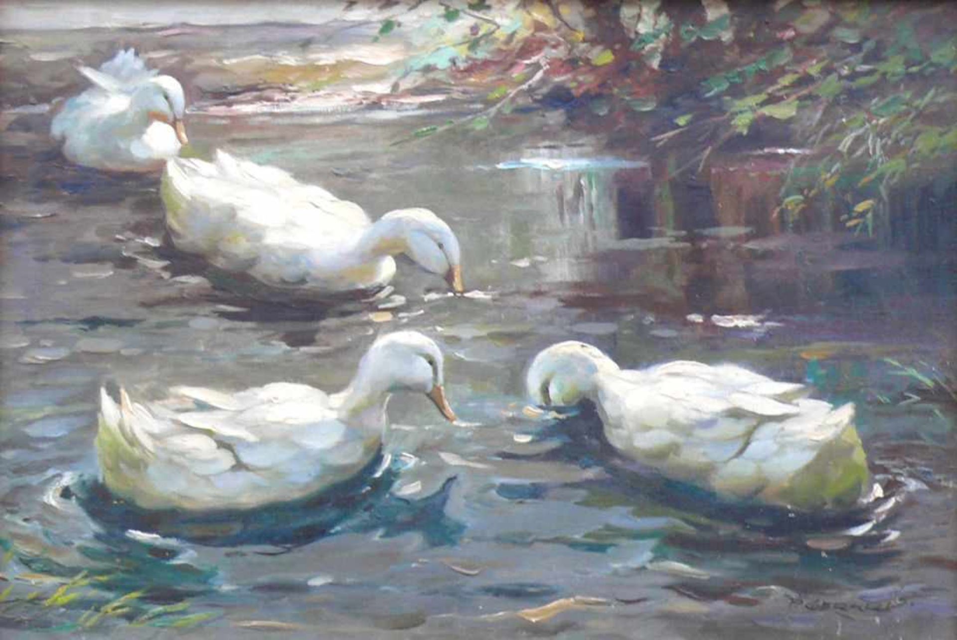 Gerard, P. (19./20.Jh.) "4 Enten in Teich"; ÖL/LW; sign.; ca. 41 x 60,5 cm; R; verso auf LW nochmals - Bild 2 aus 4