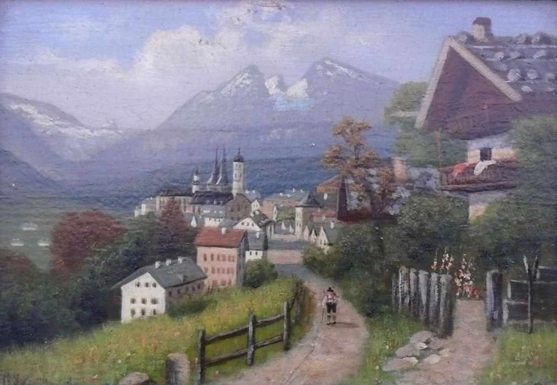 Anonym (um 1900) "Blick auf Kleinstadt im Alpengebiet"; mittig Weg mit einer Person; ÖL/Holz; 17,5 x - Bild 2 aus 3