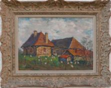 Duriez, Julien (Frankreich, 1900 - 1993) "Blick auf Bauernhäuser"; im Vordergrund Hühner auf
