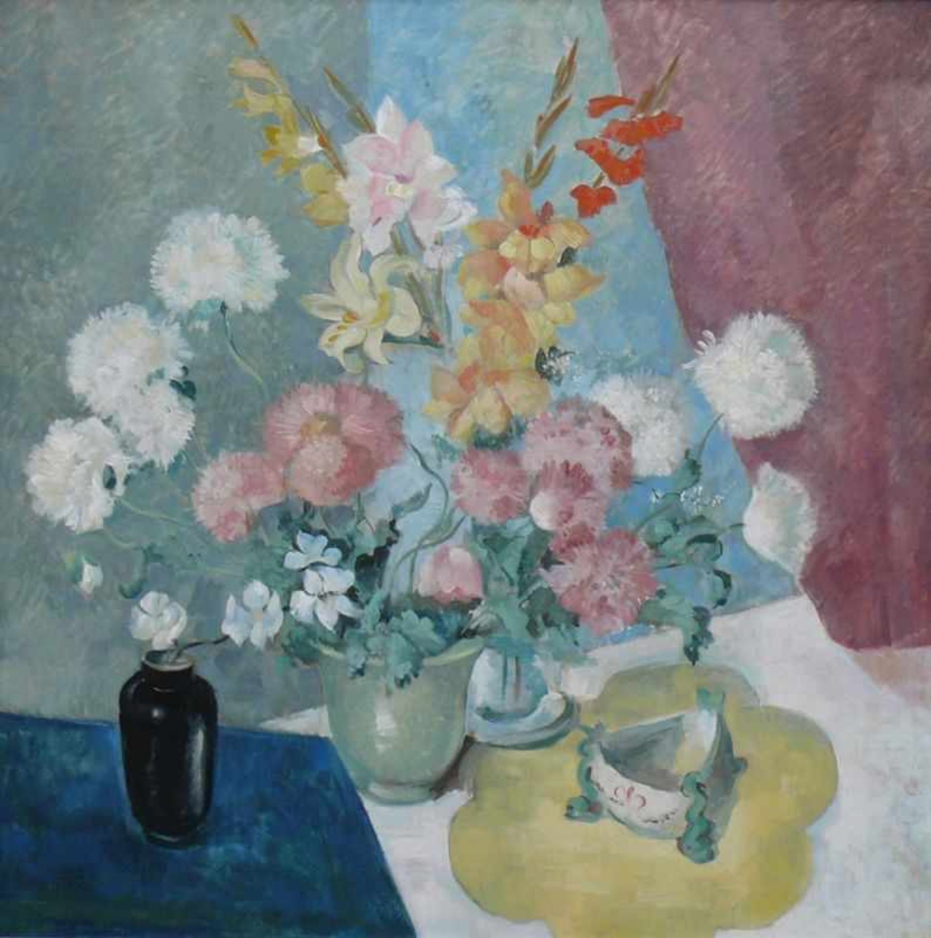 Deutsche Schule (20.Jh.) "Blumenstillleben" mit Vasen und Schale auf Tisch; ÖL/LW/Holz; 90 x 90 - Bild 2 aus 4