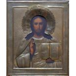 Ikone (Russland, 19.Jh.) "Christus"; Tempera/Holz mit Messingoklat; ca. 26 x 21 cm
