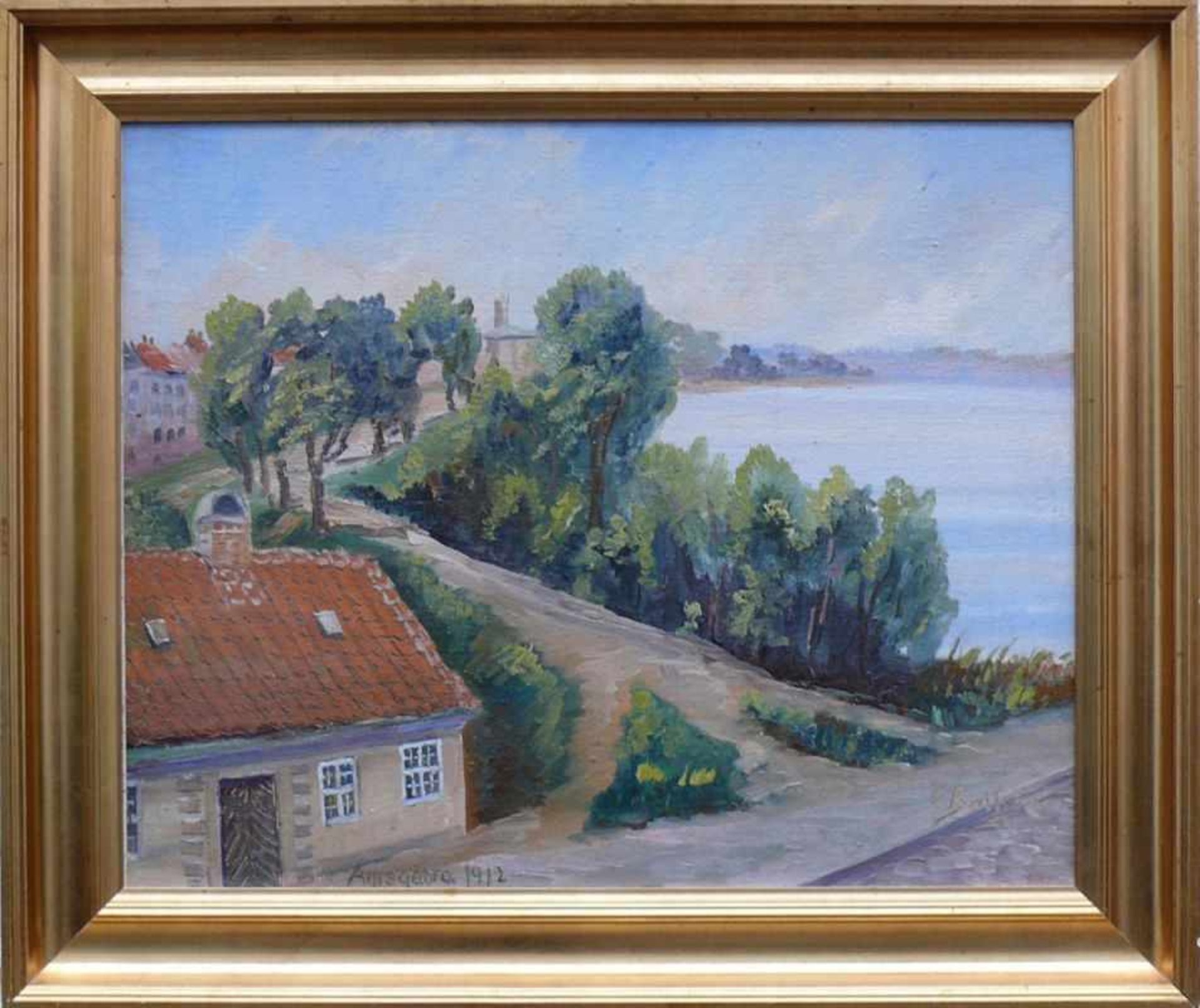 Balké, Charles Théodore (1875 - 1951) "Hüglige Landschaft" mit Häuser am See; ÖL/Karton; sign. und - Bild 2 aus 4