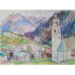 Sauerbruch, Hans (1910 Marburg - 1996 Konstanz) "Bergdorf" mit Kirche, in den Alpen; Aquarell und