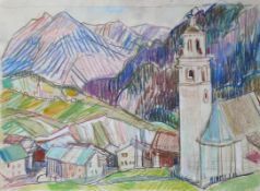 Sauerbruch, Hans (1910 Marburg - 1996 Konstanz) "Bergdorf" mit Kirche, in den Alpen; Aquarell und