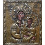 Ikone (Russland, 19.Jh.) "Maria mit Kind"; Tempera/Holz; Messingoklat mit Steinbesatz; ca. 30 x 25