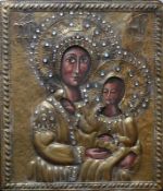 Ikone (Russland, 19.Jh.) "Maria mit Kind"; Tempera/Holz; Messingoklat mit Steinbesatz; ca. 30 x 25