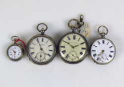 4 div. Taschenuhren (um 1900) unterschiedliche Größen; Schlüssel- bzw. Kronenaufzug; jeweils