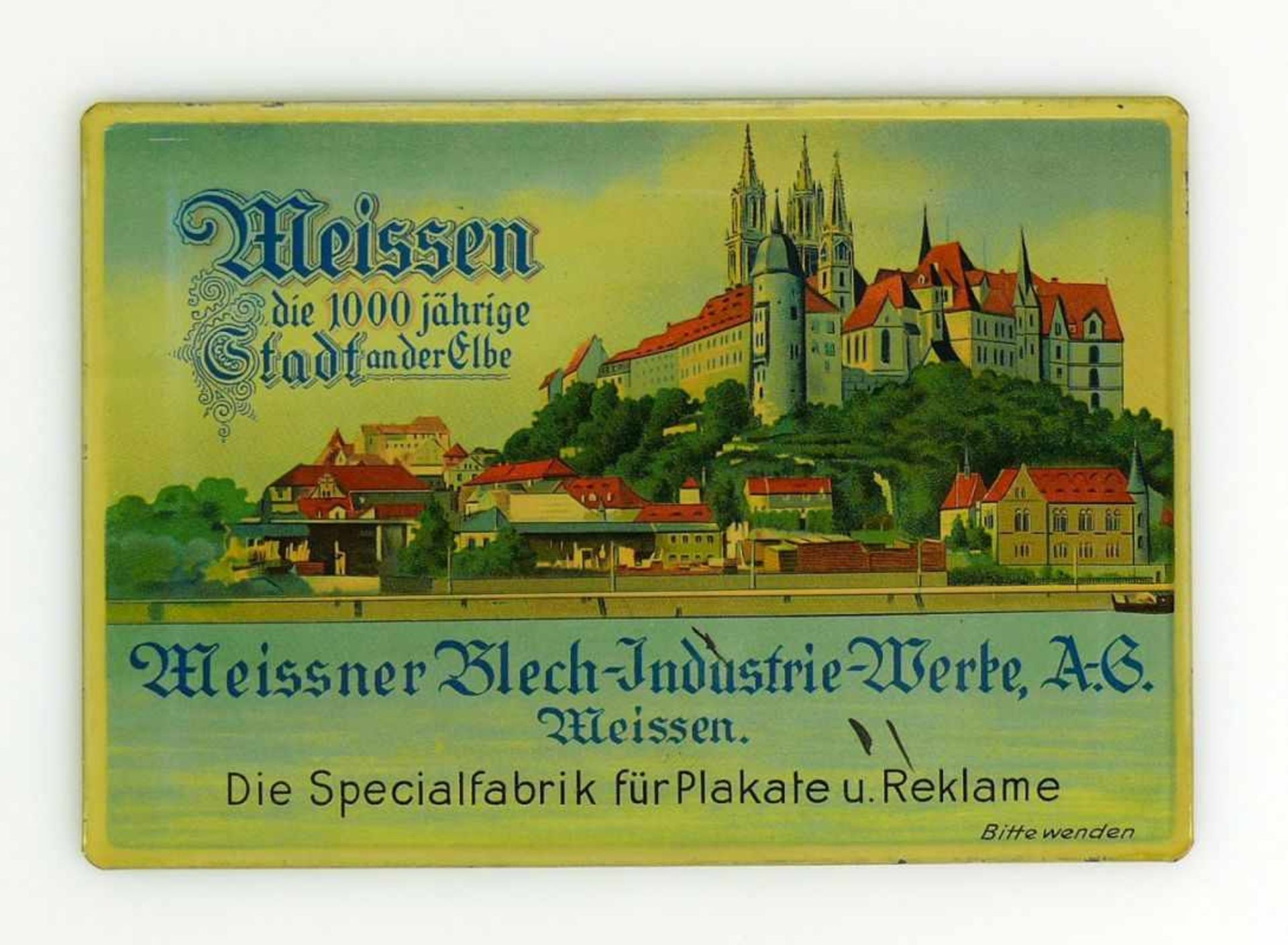 Altes Blechschild mit farbiger Ansicht von Meissen, der Meissner Blech-Industrie-Werke