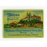 Altes Blechschild mit farbiger Ansicht von Meissen, der Meissner Blech-Industrie-Werke