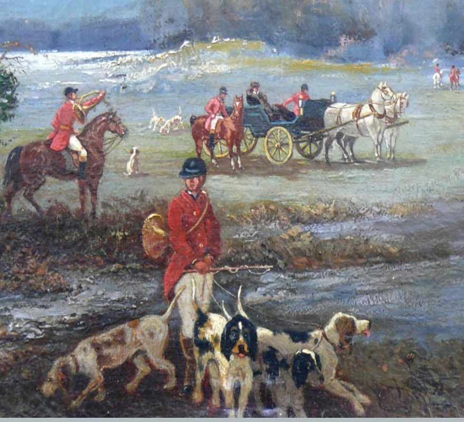 Hermann-Léon, Charles (Paris 1838 - 1908) "Jagdgesellschaft" mit Reiter, Hunden und Kutsche; in - Bild 3 aus 5