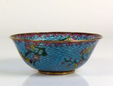 Schale (China) runde Form; blau gefärbtes Glas mit farbigem Blütenast- u. Vogeldekor in